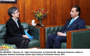 APP24-18 ISLAMABAD: February 18 - High Commissioner of Australia Ms. Margaret Adamson called on Speaker National Assembly Sardar Ayaz Sadiq at Parliament House. APP